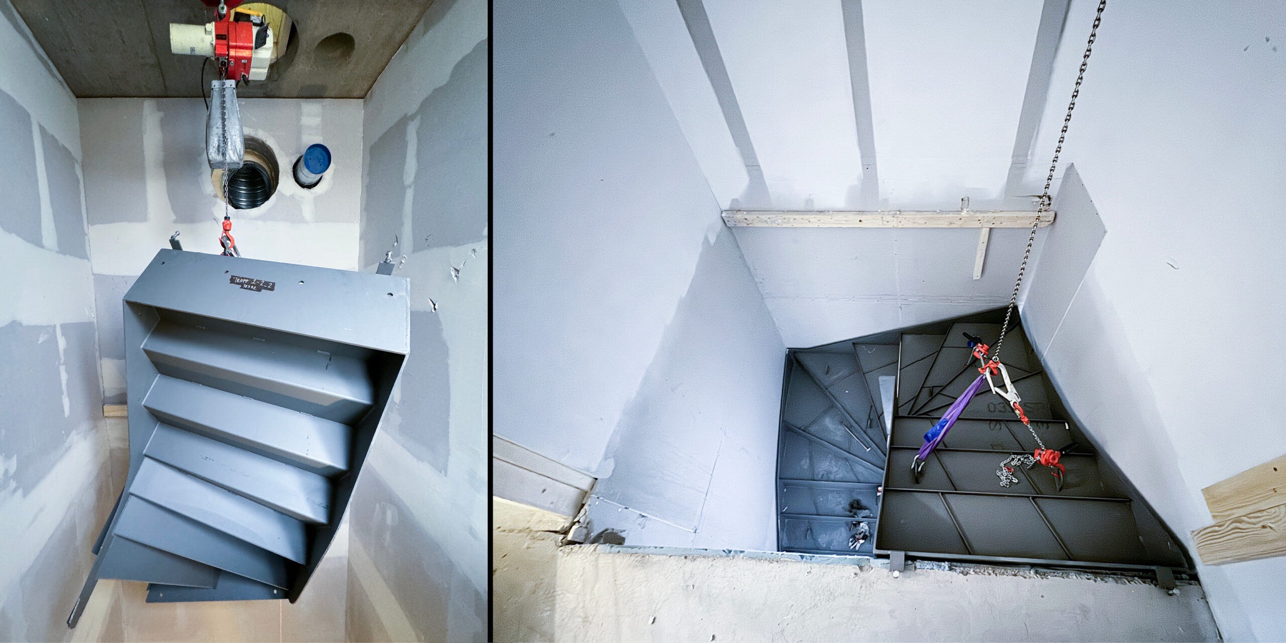 Hvert trappeelement senkes ned 27 meter fra taket og monteres nedenifra og oppover.