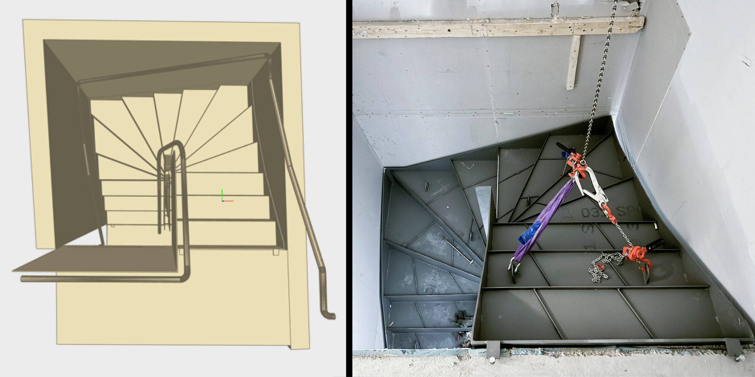 Trapperommets skrå vinkler gjør at de 20 trappeelementene alle har individuelle mål.
